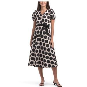 LUNA ALLEGRA V Neck Puff Sleeve Polka Dot Midi Dress Black White Sz S